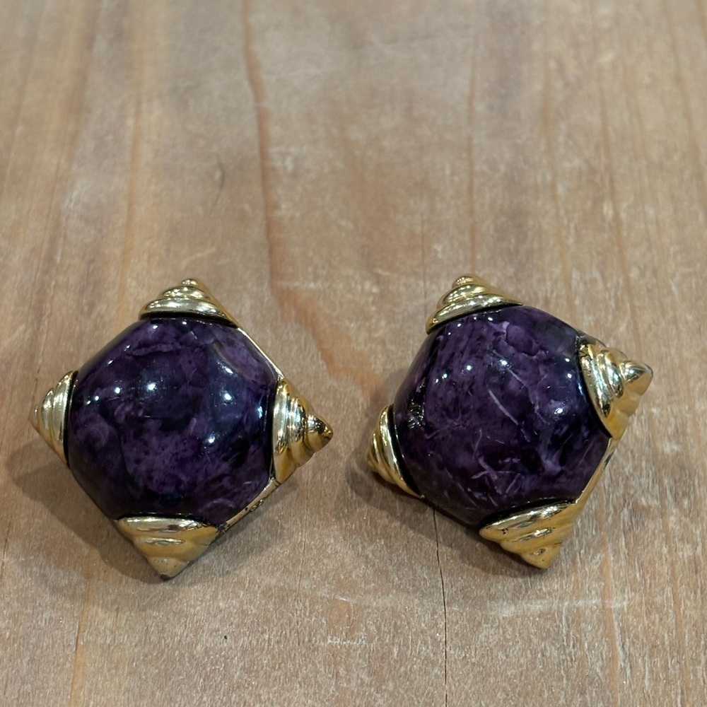 Vintage Purple and Gold Square Earrings Clip On